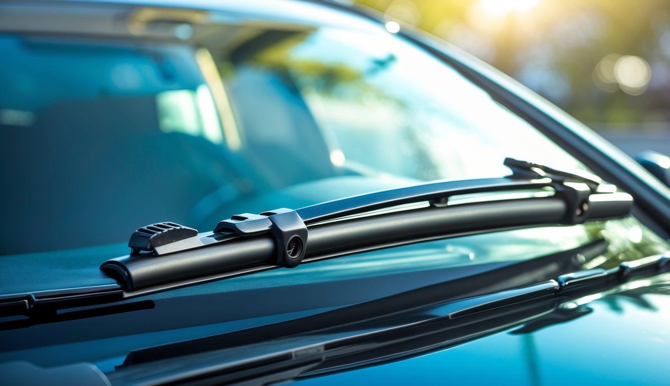 Tampak dekat wiper mobil baru terpasang pada kaca depan mobil dengan latar belakang kota kabur dan sinar matahari alami.