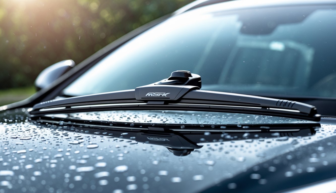 Wiper mobil terbaru dengan desain aerodinamis sedang membersihkan kaca depan mobil yang basah.