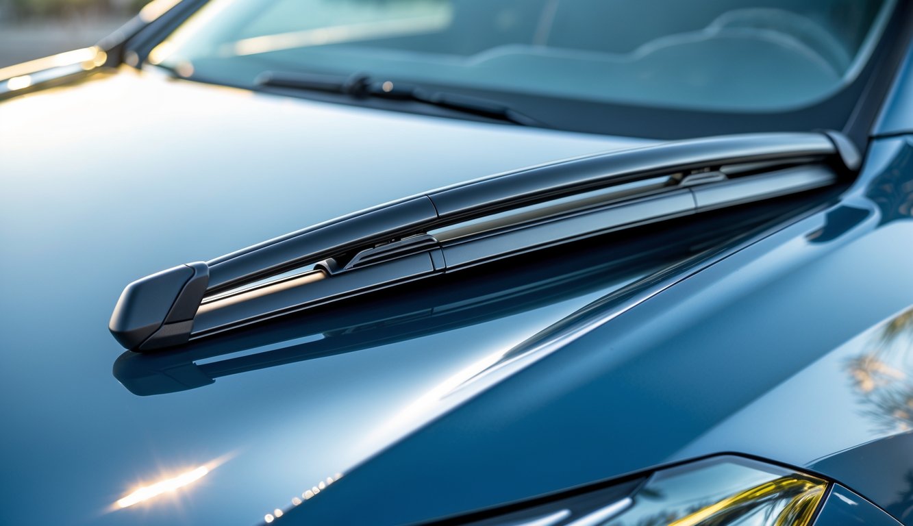 Foto close-up wiper mobil terbaru dengan desain aerodinamis pada kaca depan mobil modern.