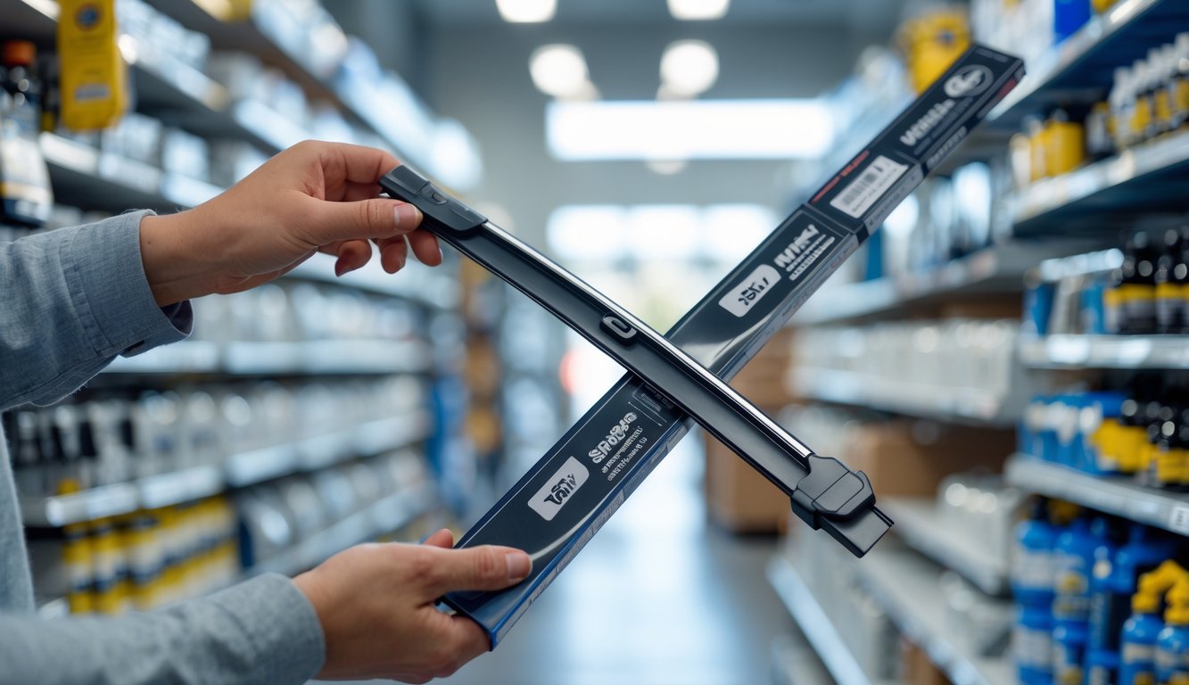 Seseorang sedang memegang dan memeriksa wiper mobil baru di dalam toko otomotif dengan rak produk di latar belakang.