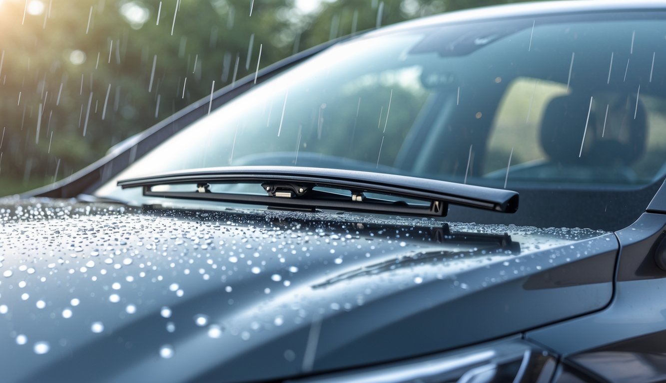 Foto close-up wiper mobil baru yang sedang membersihkan tetesan air hujan di kaca depan mobil modern.