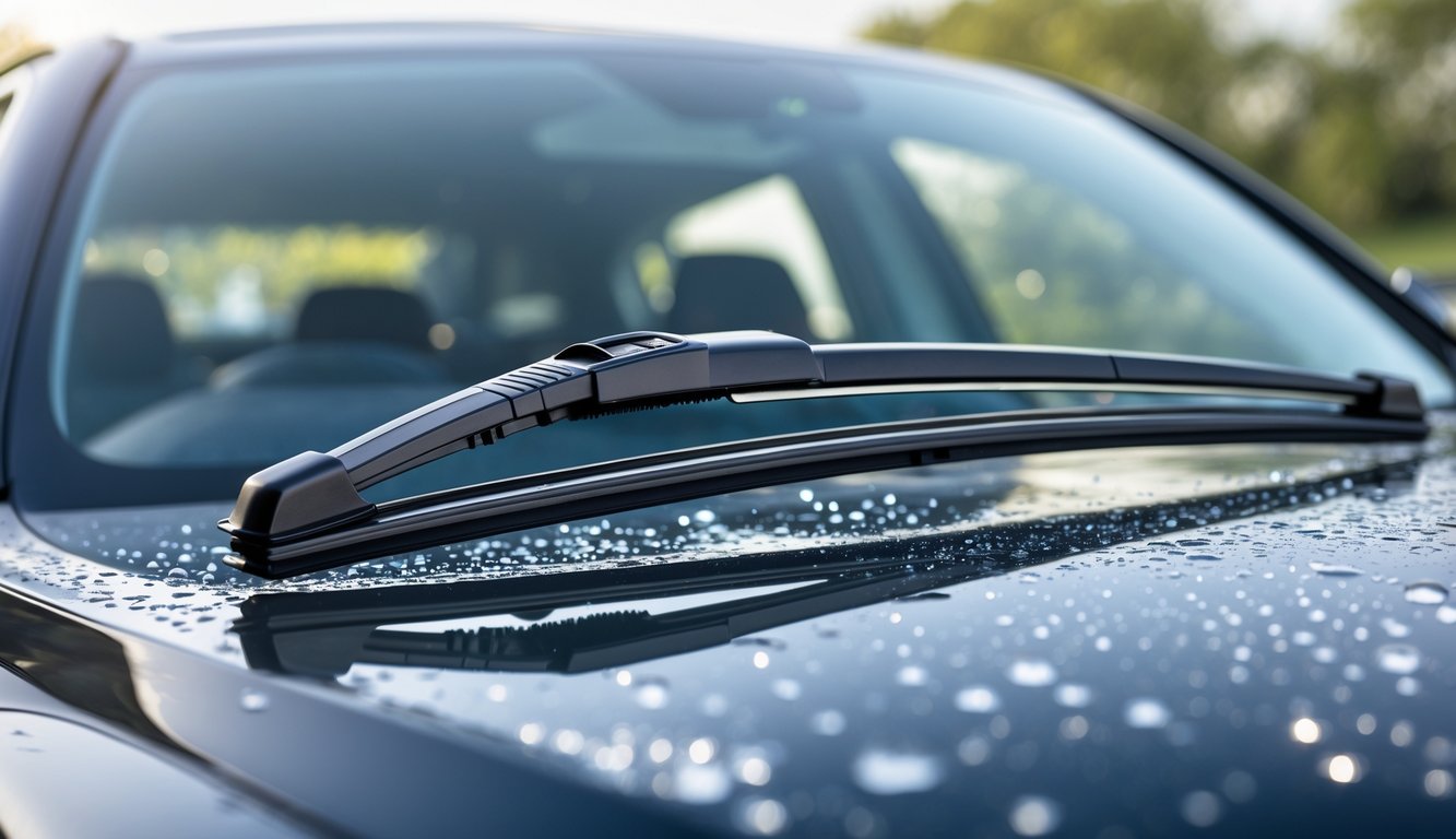 Wiper mobil terbaru terpasang pada kaca depan mobil modern dengan latar belakang luar ruangan yang cerah.