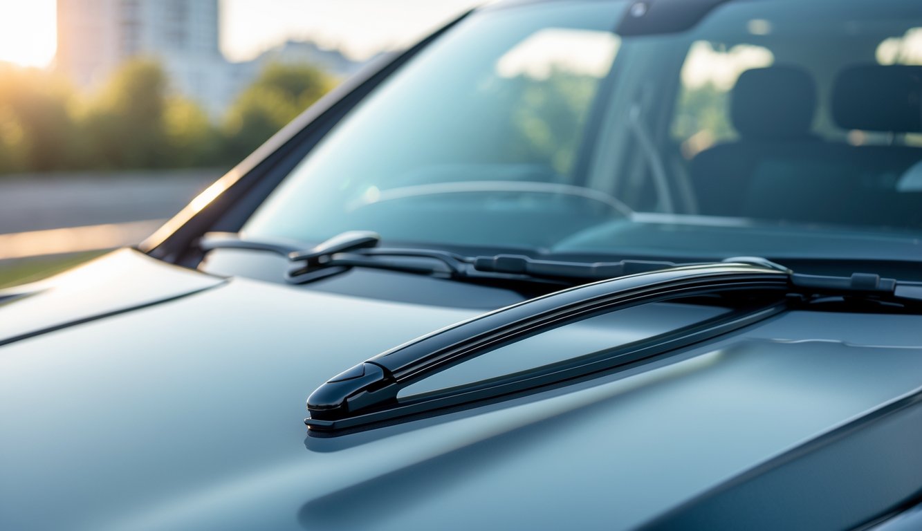 Pandangan dekat kaca depan mobil dengan wiper baru yang terpasang di luar ruangan pada hari cerah.
