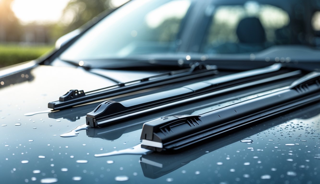 Perbandingan beberapa wiper mobil terbaru diletakkan berdampingan dengan latar belakang kaca mobil dan dasbor yang buram.