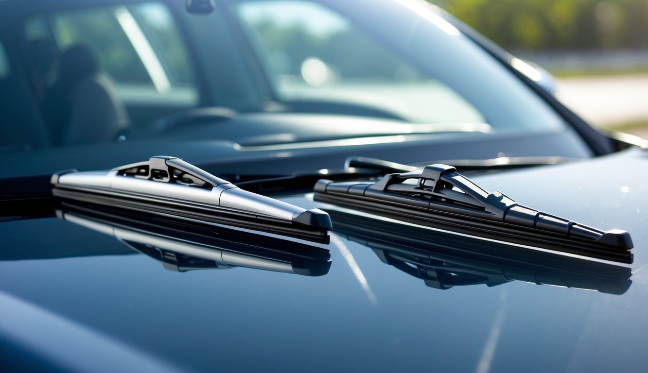 Close-up kaca depan mobil dengan dua wiper yang berbeda, satu baru dan satu sudah aus, di luar ruangan pada hari cerah.
