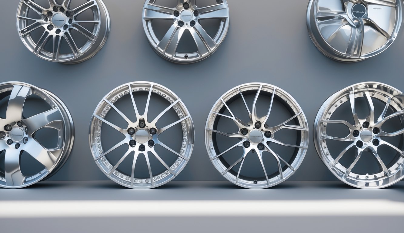 Beberapa velg mobil terbaru dengan desain modern dan stylish ditampilkan secara close-up pada latar belakang netral.