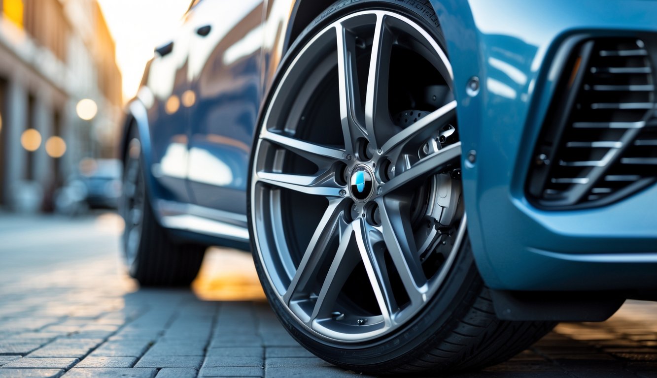 Foto close-up velg mobil modern dengan desain stylish dan latar belakang kabur.