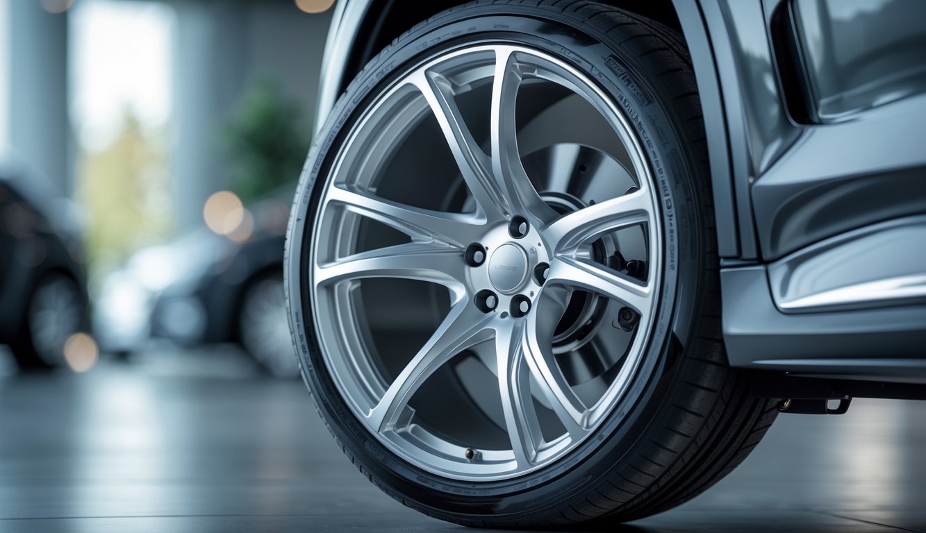 Foto close-up velg mobil terbaru tahun 2026 dengan desain modern dan mengkilap, menonjolkan detail dan tekstur velg.