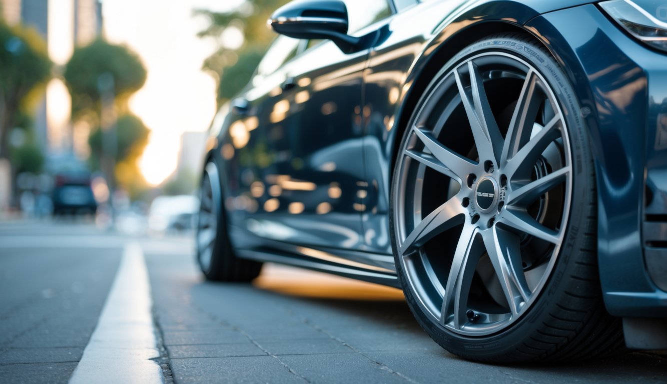 Close-up roda mobil dengan velg alloy terbaru yang terlihat sporty dan modern.