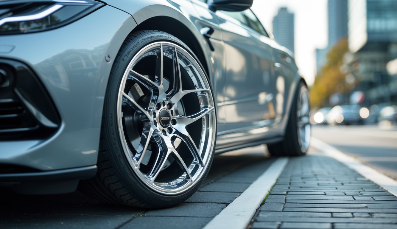 Gambar close-up velg mobil sporty dengan desain modern di latar belakang kota.