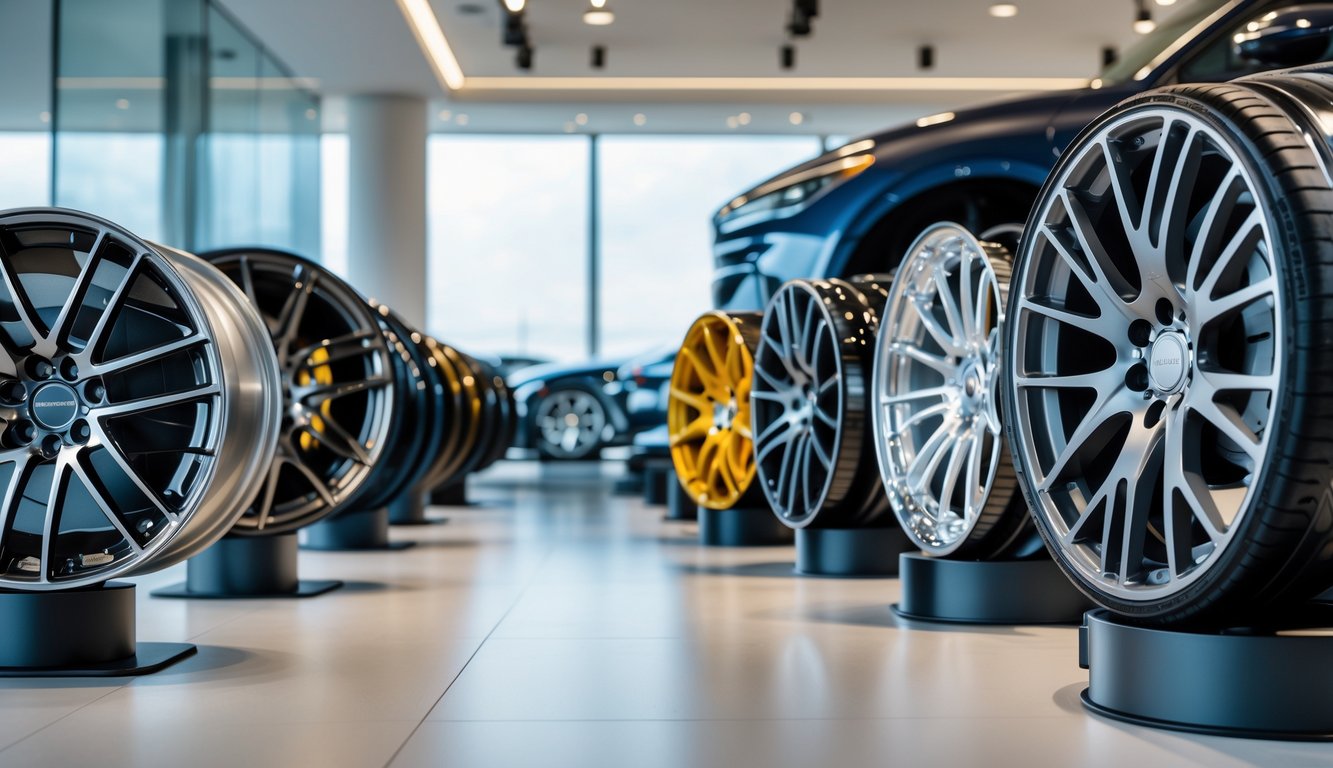 Deretan velg mobil terbaru tahun 2026 dengan desain premium di dalam ruang pamer mobil.