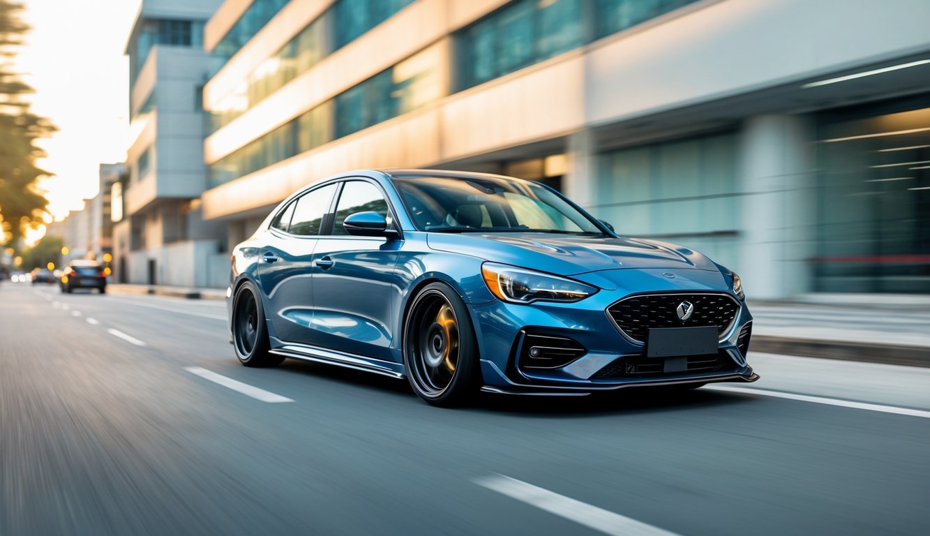 Mobil terbaru yang sporty dan modern diparkir di jalan kota dengan latar belakang gedung dan suasana cerah.