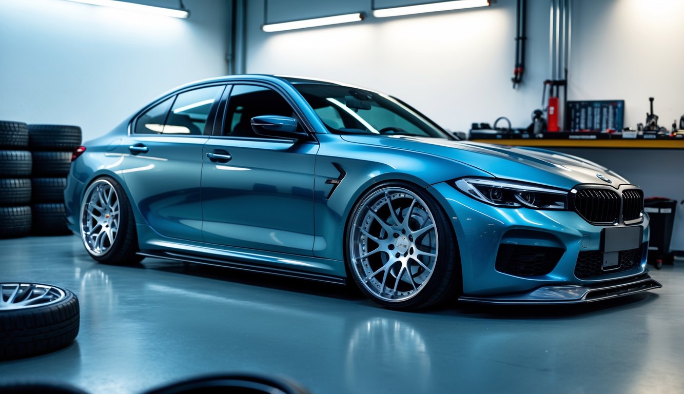 Mobil terbaru dengan velg modifikasi yang dipajang di garasi dengan alat dan ban balap di sekitar.