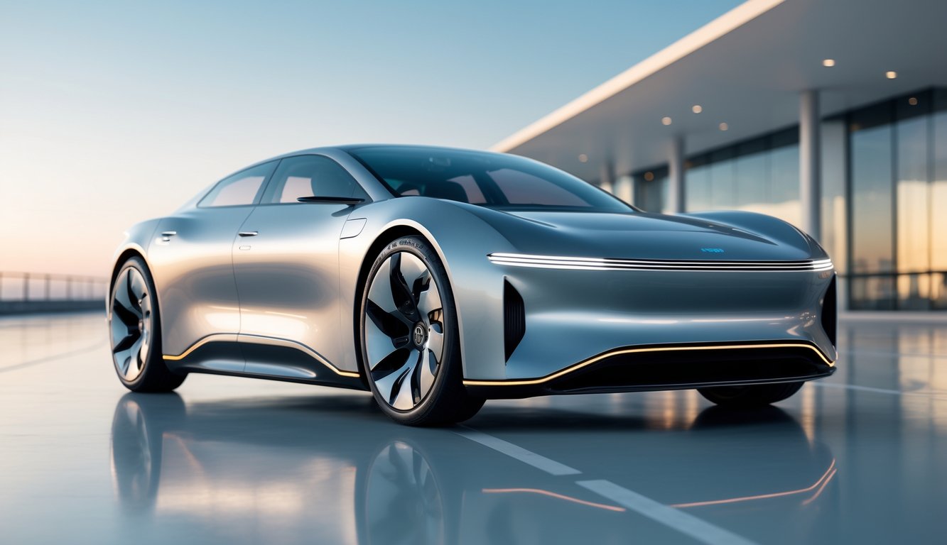 Mobil futuristik berwarna metalik dengan desain ramping di lingkungan perkotaan modern.