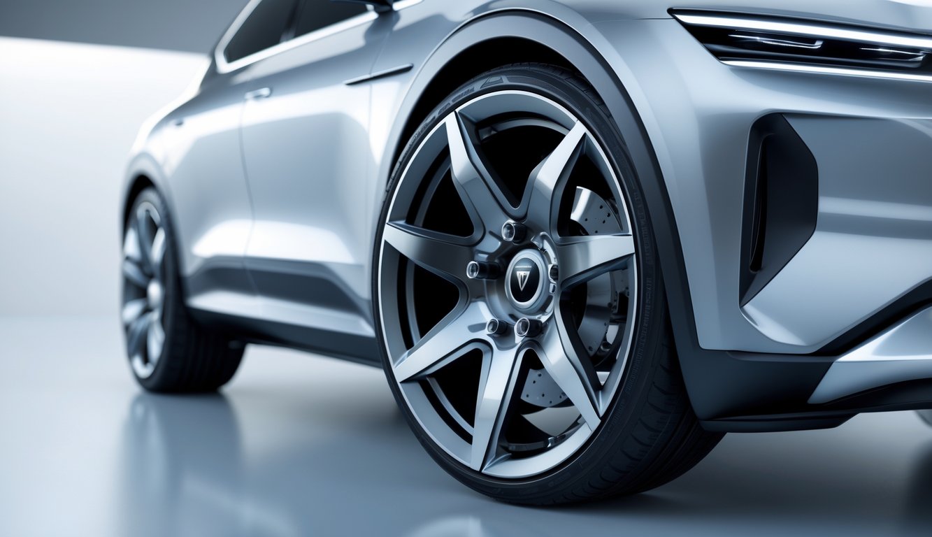 Foto close-up velg mobil terbaru tahun 2026 dengan desain modern dan bahan ringan yang kuat, terpasang pada mobil futuristik berwarna mengkilap.