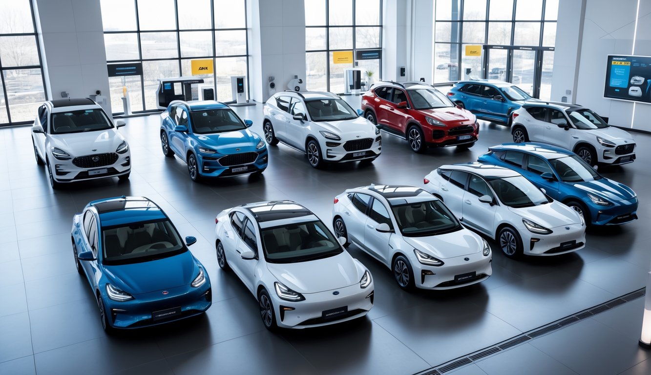 Deretan mobil terbaru tahun ini dipajang di showroom mobil yang terang dan luas.