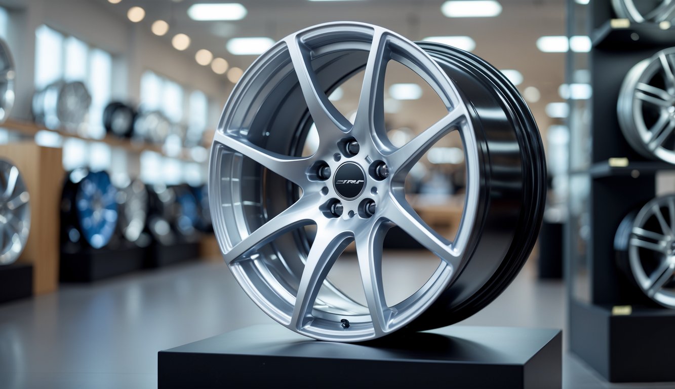 Sebuah velg mobil terbaru yang mengkilap dipajang di dalam showroom otomotif dengan latar belakang rak-rak velg lainnya.