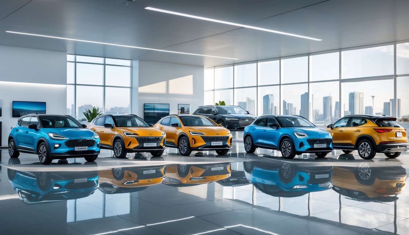 Beberapa mobil terbaru tahun ini dengan berbagai ukuran dan model dipajang di dalam showroom modern.