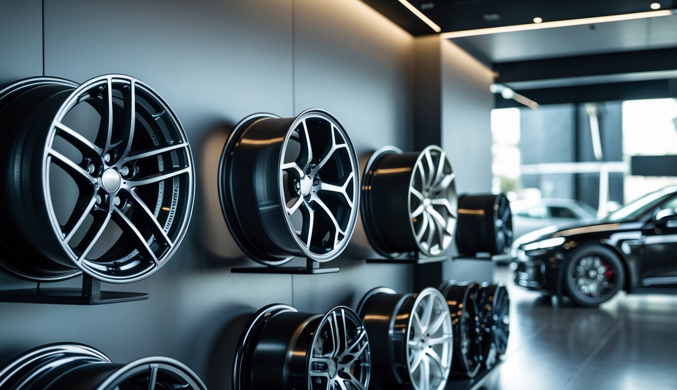 Berbagai velg mobil terbaru dengan ukuran dan model kekinian ditampilkan di sebuah ruang pamer mobil modern.