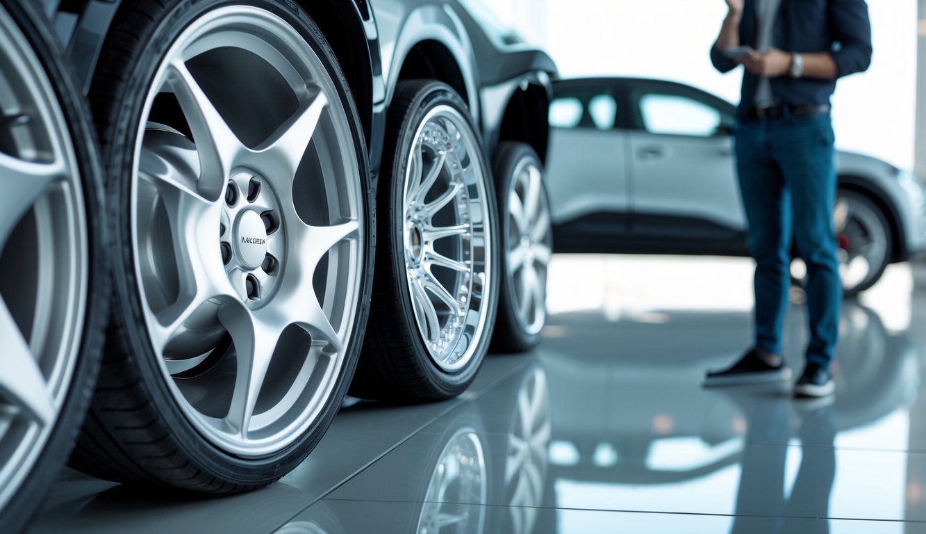 Beberapa velg mobil modern dipajang di dinding showroom dengan seseorang sedang memilih velg yang nyaman dan aman digunakan.