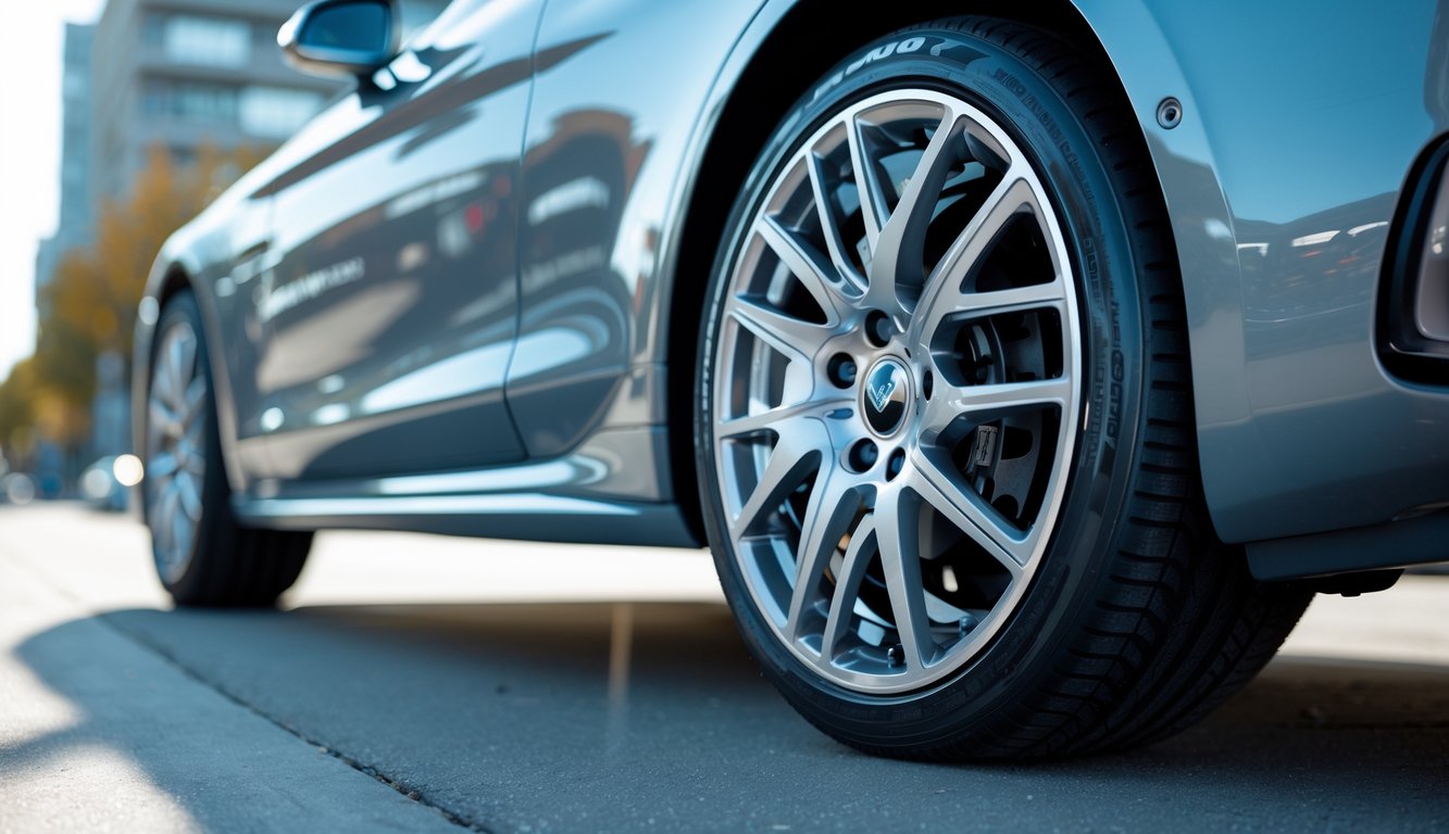 Close-up gambar velg mobil modern yang bersih dan mengkilap pada sebuah mobil yang diparkir di jalan kota pada siang hari.