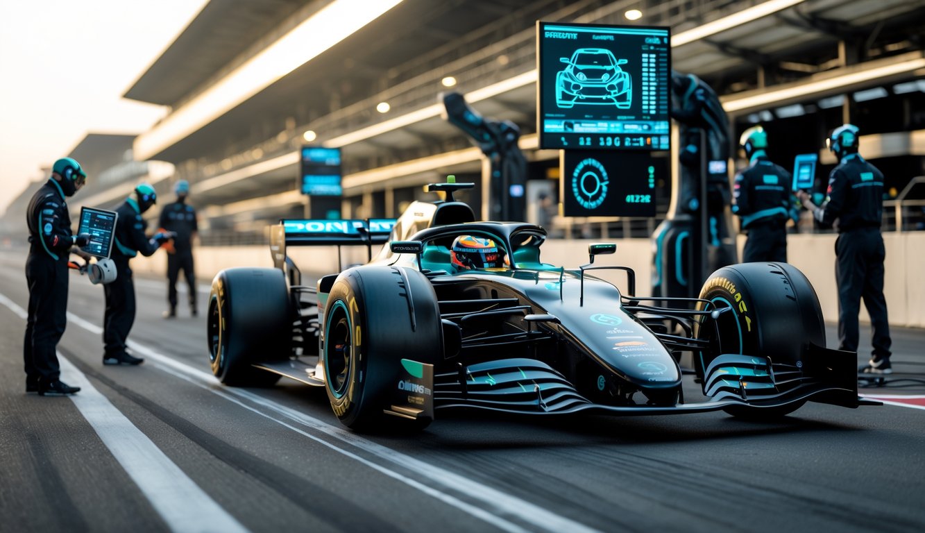 Mobil Formula 1 futuristik di lintasan balap dengan insinyur yang memeriksa data teknologi terbaru dan robot melakukan perawatan mobil.