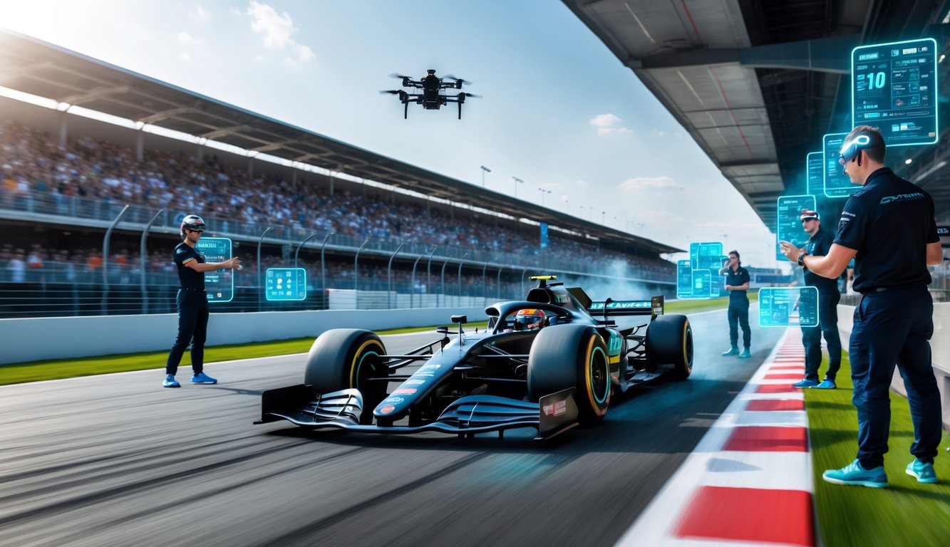 Mobil balap F1 futuristik sedang melaju cepat di lintasan dengan insinyur menggunakan teknologi canggih di pinggir lintasan.