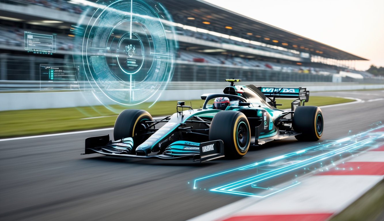 Mobil balap Formula 1 modern sedang melaju cepat di lintasan balap dengan latar belakang sirkuit dan grandstand.