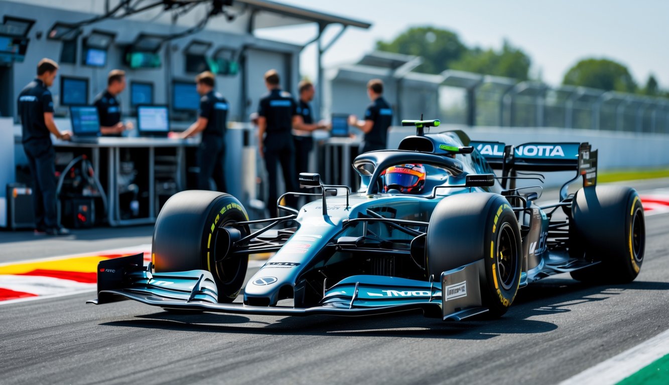 Mobil balap Formula 1 modern di lintasan dengan insinyur yang sedang menganalisis data di latar belakang.