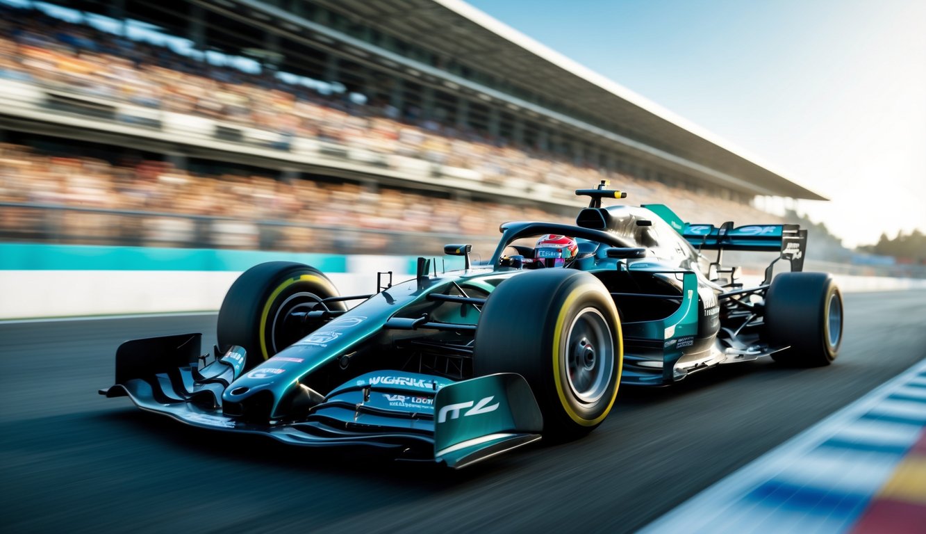 Mobil balap Formula 1 modern sedang melaju kencang di lintasan dengan penonton di latar belakang.