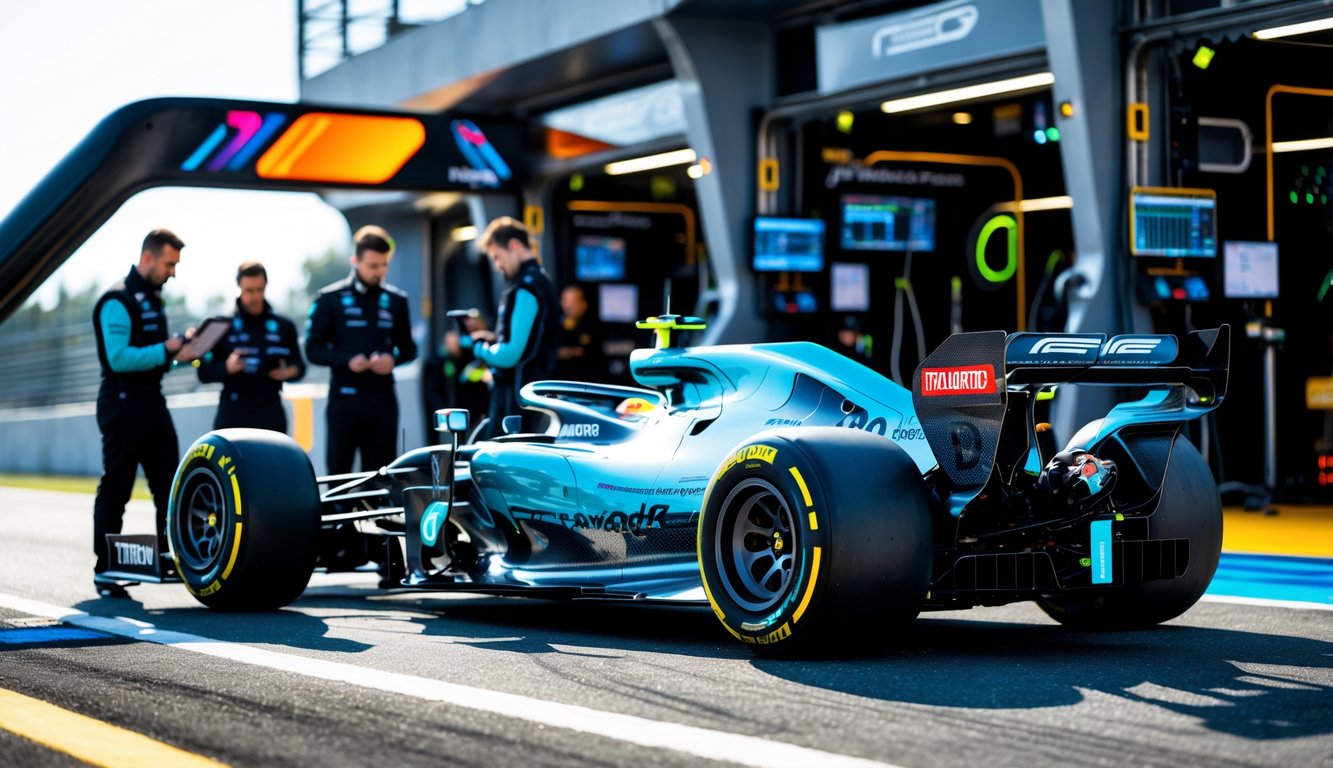 Mobil Formula 1 modern di lintasan balap dengan insinyur yang memeriksa data dan area pit stop berteknologi tinggi di latar belakang.
