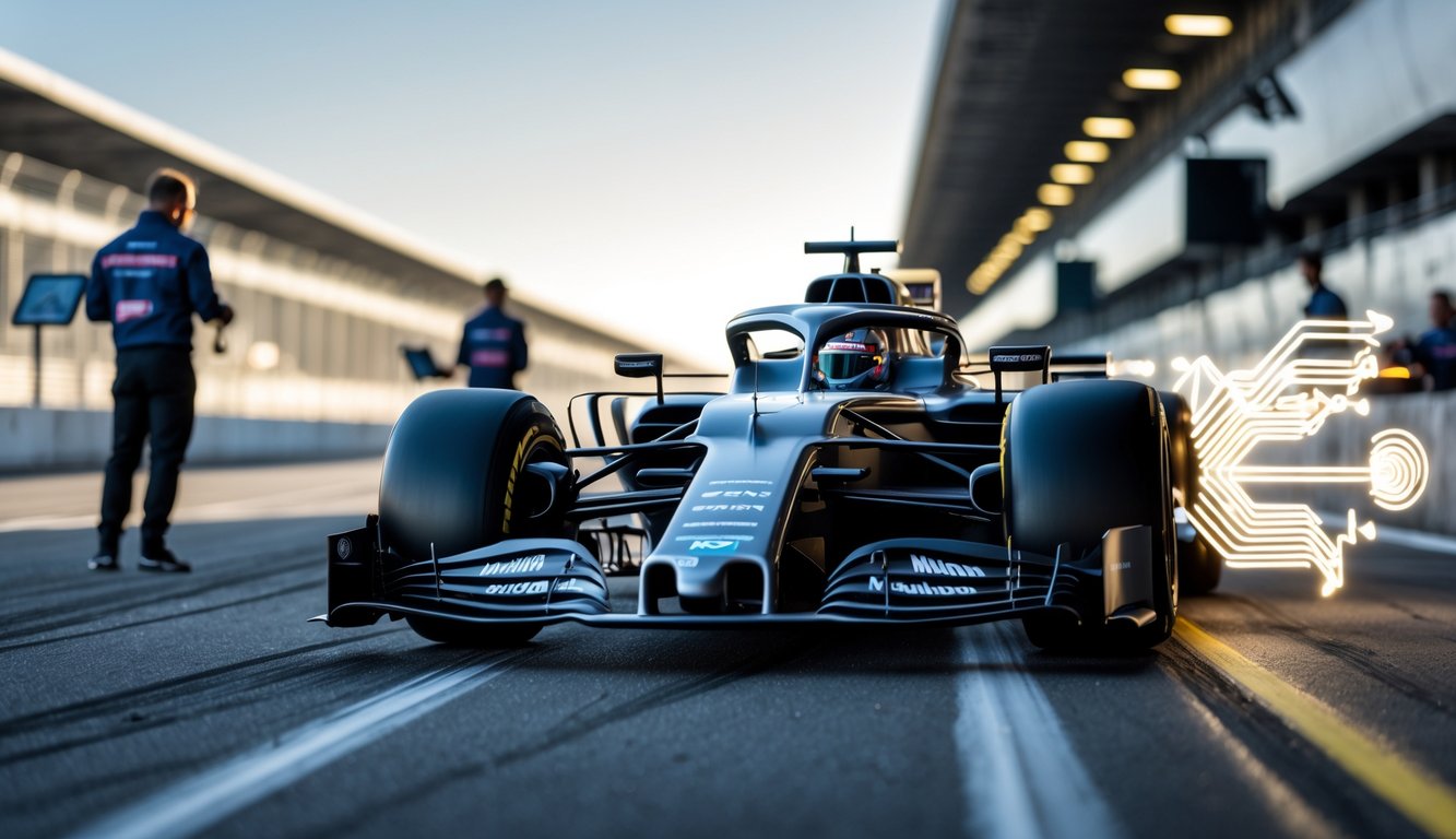 Mobil Formula 1 modern di lintasan balap dengan insinyur di pit lane memeriksa data teknologi mobil.
