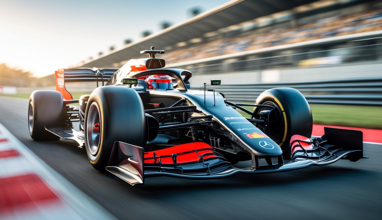 Mobil Formula 1 modern dengan desain aerodinamika canggih dan mesin hibrida terlihat di lintasan balap.