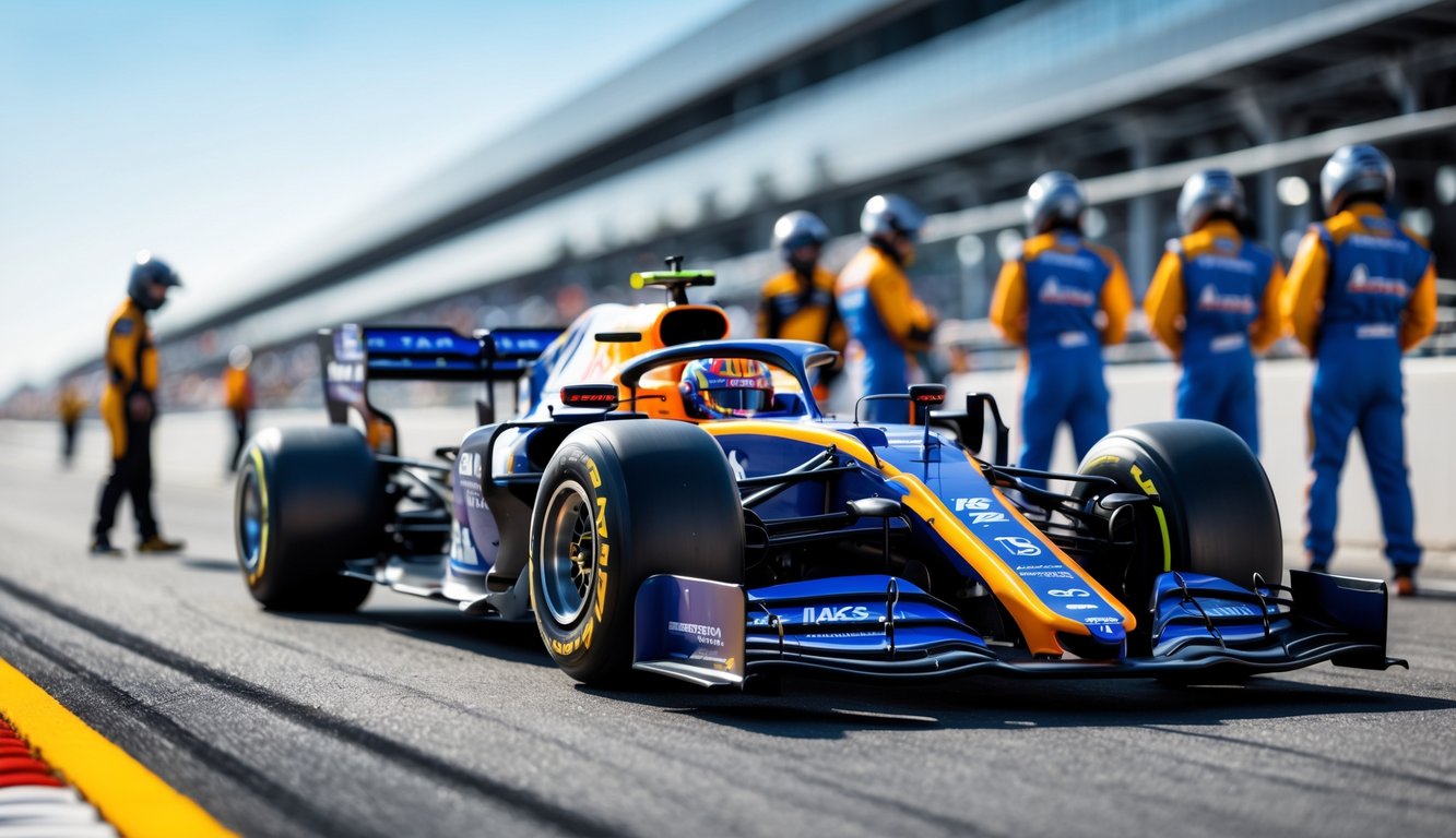 Mobil balap Formula 1 modern di lintasan dengan kru pit sedang bersiap di latar belakang.