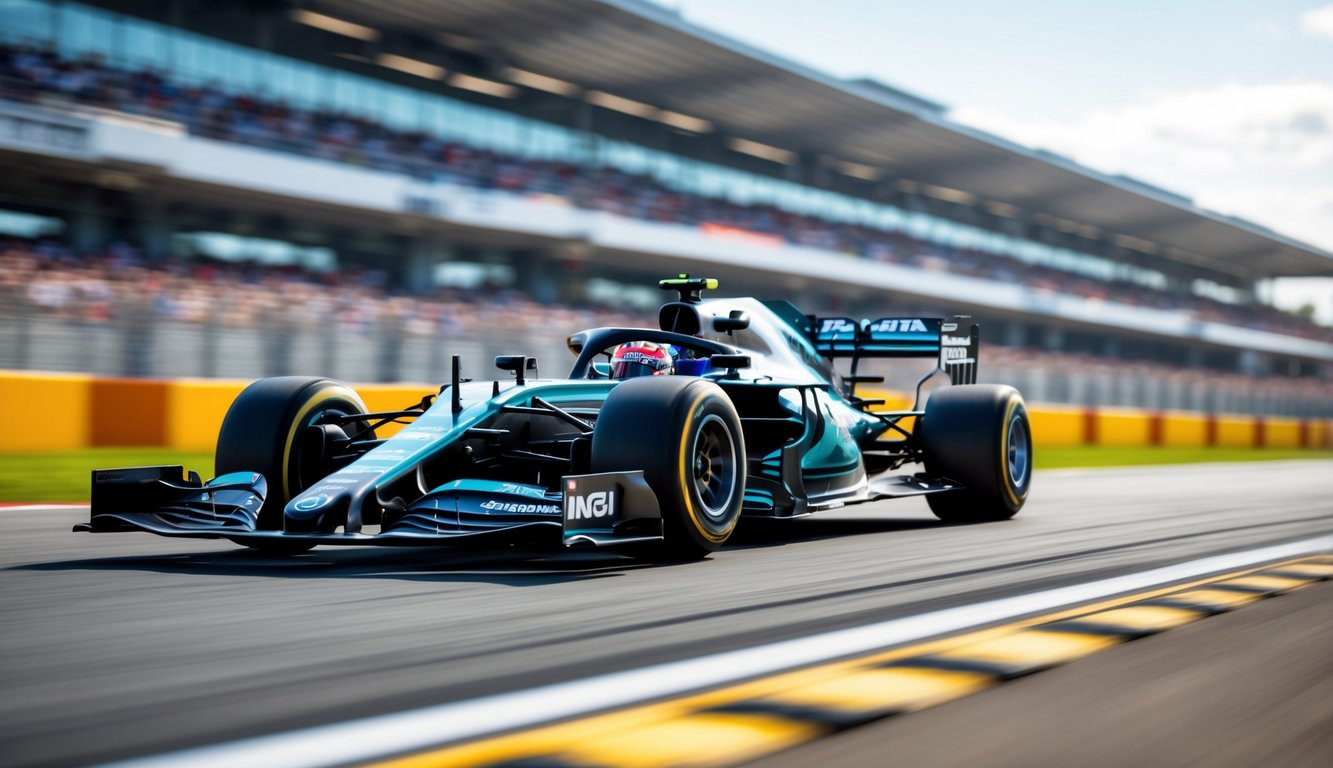 Mobil balap Formula 1 modern sedang melaju di lintasan balap dengan latar belakang tribun penonton.