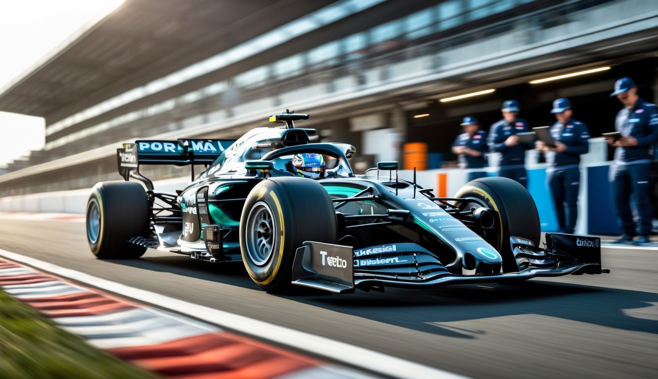 Mobil Formula 1 modern sedang melaju cepat di lintasan balap dengan teknisi di latar belakang yang memeriksa data.