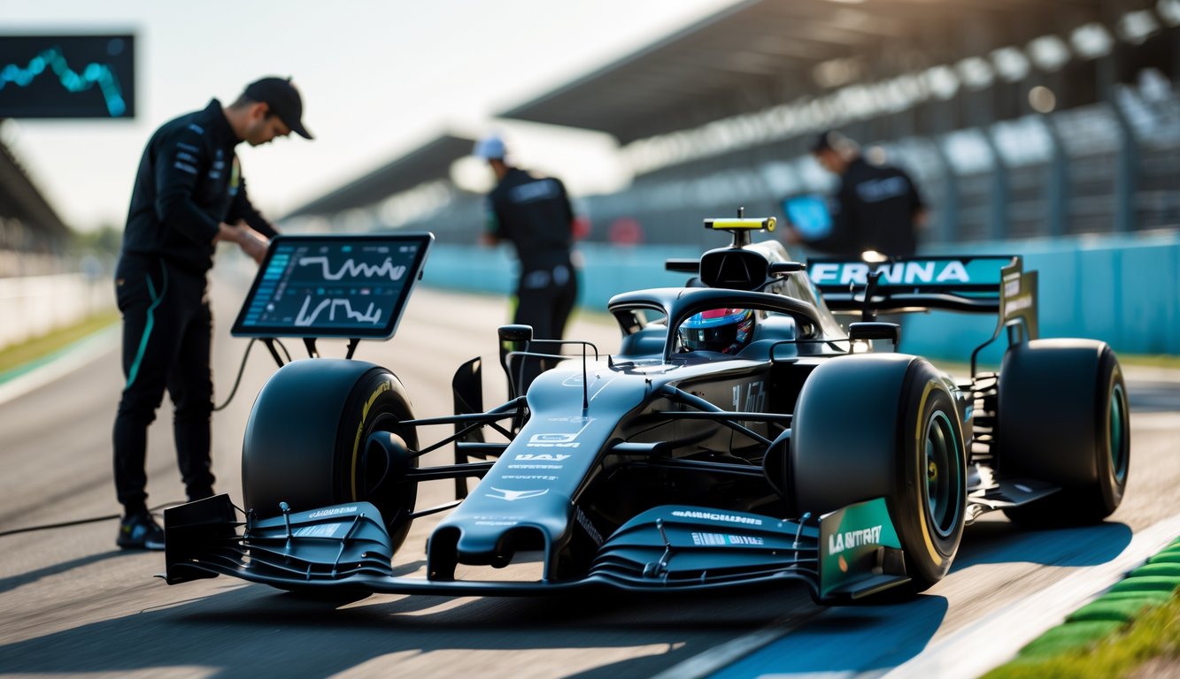 Mobil Formula 1 modern sedang melaju di lintasan balap dengan insinyur yang memantau data teknologi di latar belakang.