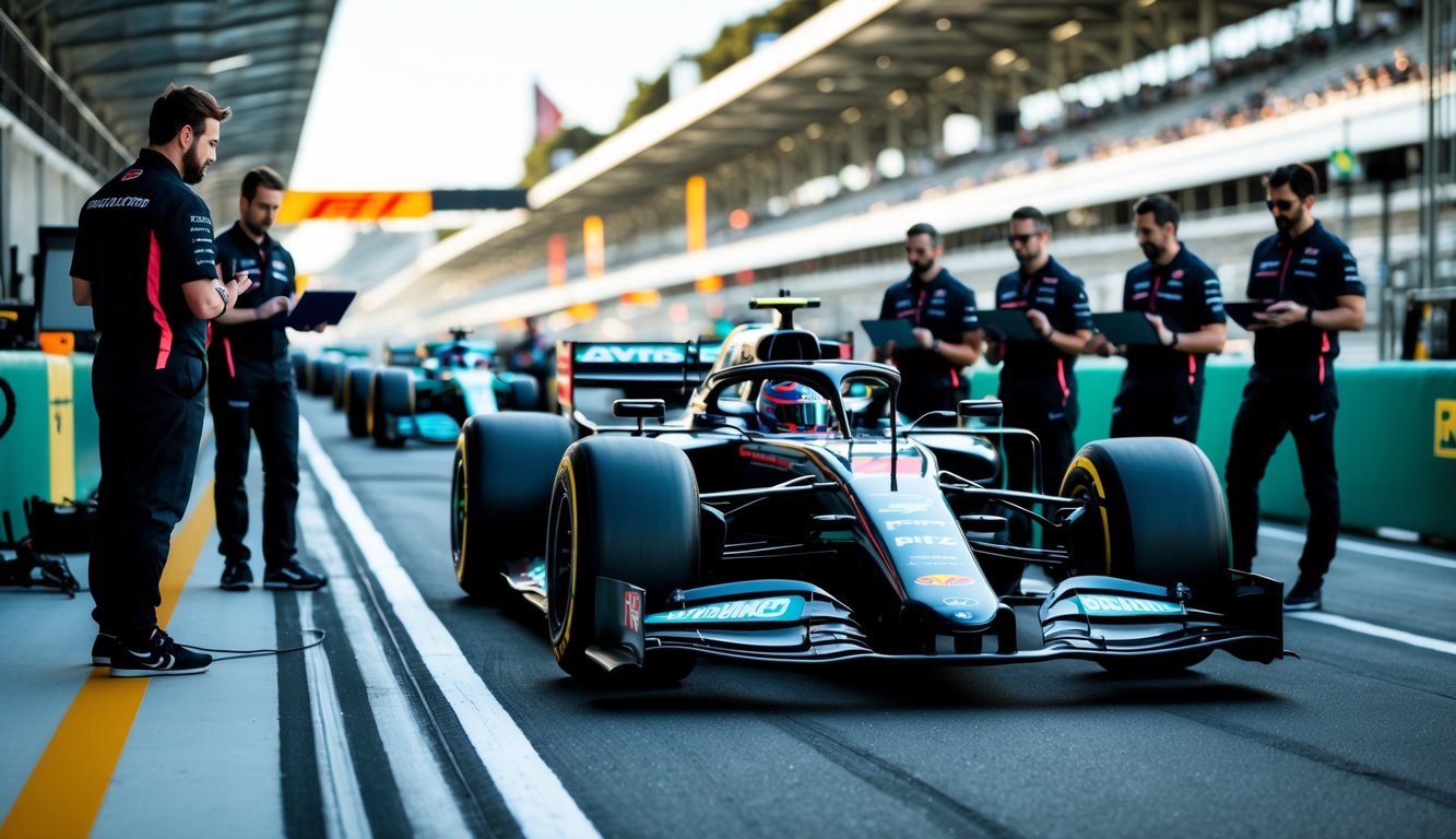 Mobil Formula 1 modern di pit lane dengan insinyur dan anggota tim yang sedang berdiskusi tentang teknologi dan strategi mobil balap.