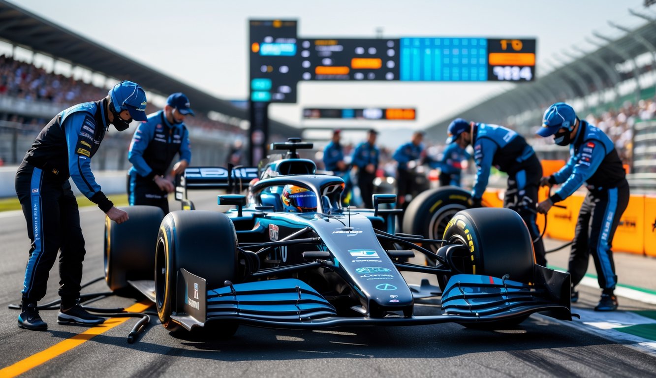 Mobil balap F1 modern dengan kru pit yang sedang bekerja di lintasan balap, menampilkan teknologi dan strategi tim.