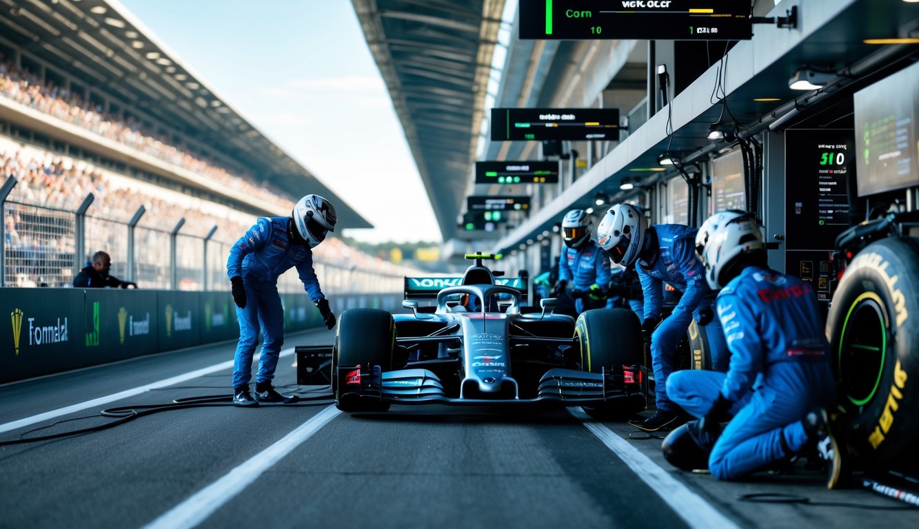 Mobil Formula 1 di pit stop dengan kru pit yang sedang bekerja menggunakan peralatan canggih di sirkuit balap.