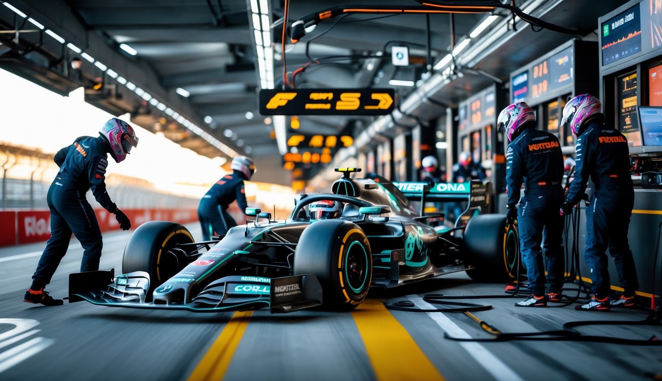 Mobil Formula 1 modern sedang berada di pit stop dengan kru pit yang bekerja cepat menggunakan peralatan canggih di garasi berteknologi tinggi.