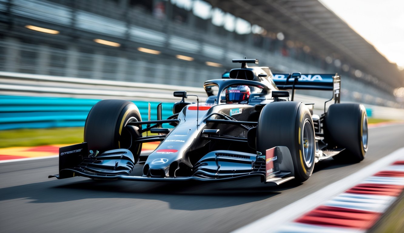 Mobil Formula 1 modern berteknologi tinggi sedang melaju di lintasan balap dengan latar belakang yang blur.