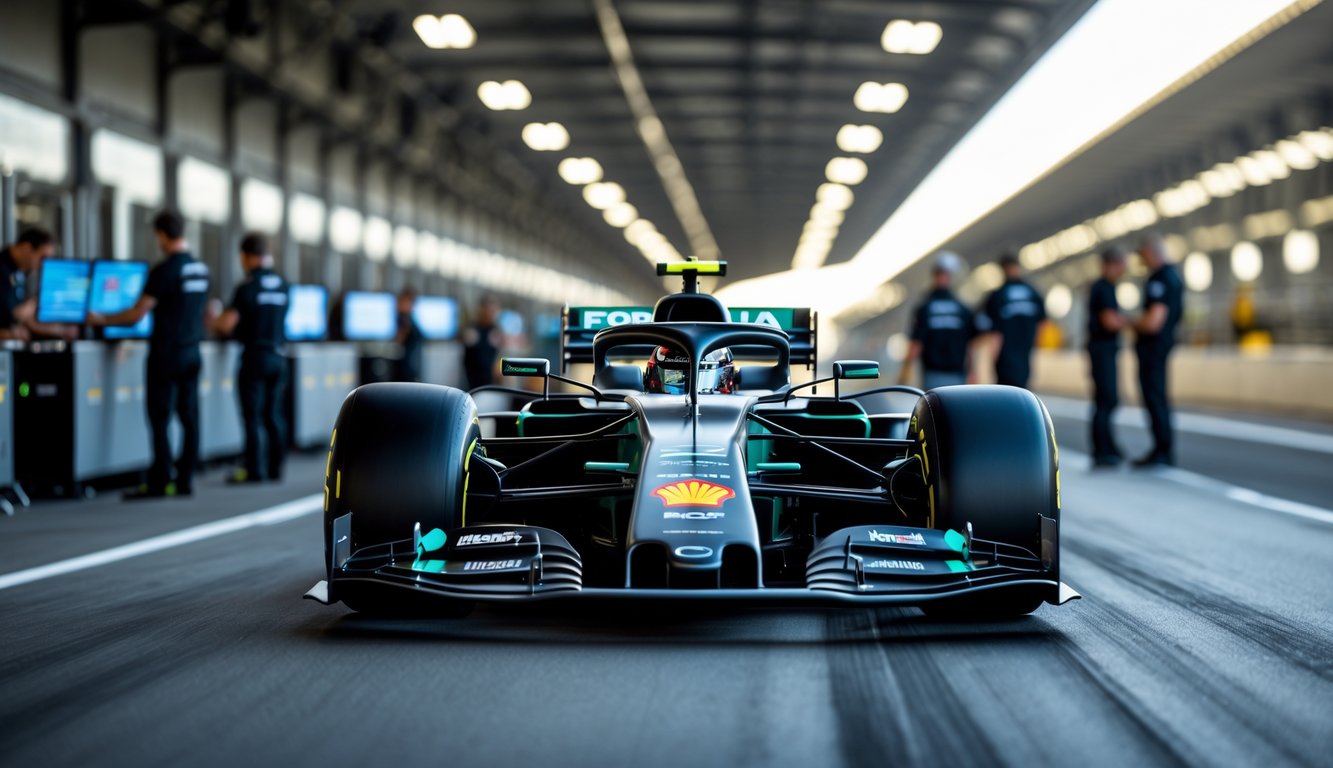 Mobil balap Formula 1 modern di lintasan dengan teknisi yang bekerja di pit lane di latar belakang.