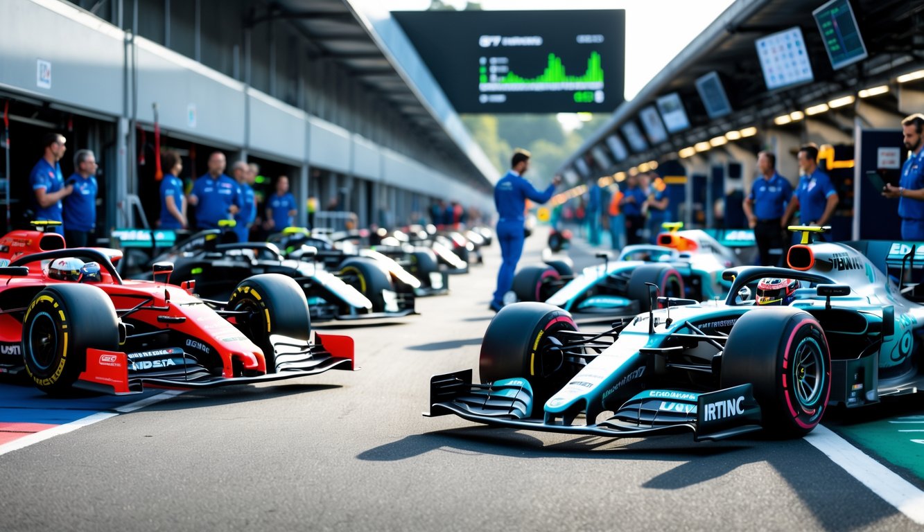 Beberapa mobil Formula 1 modern dari tim terbaik berbaris di pit lane dengan insinyur yang sedang memeriksa data teknologi di latar belakang.