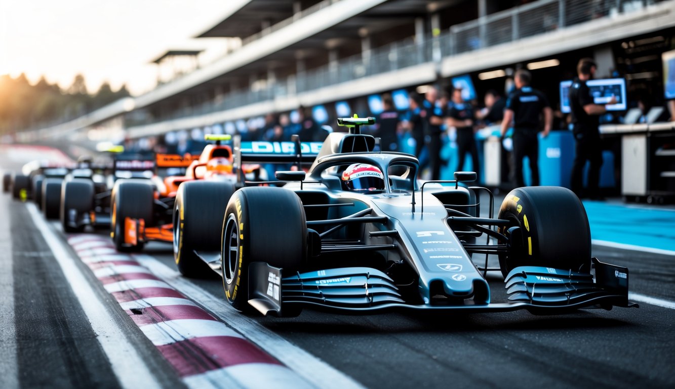 Beberapa mobil Formula 1 terbaru dari tim terbaik sedang berada di lintasan balap dengan teknisi yang memeriksa data di pit lane.