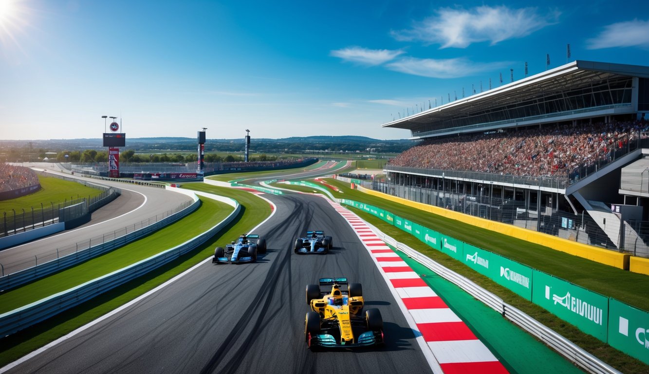 Pemandangan sirkuit balap Formula 1 dengan mobil-mobil balap melaju di lintasan dan penonton di tribun.