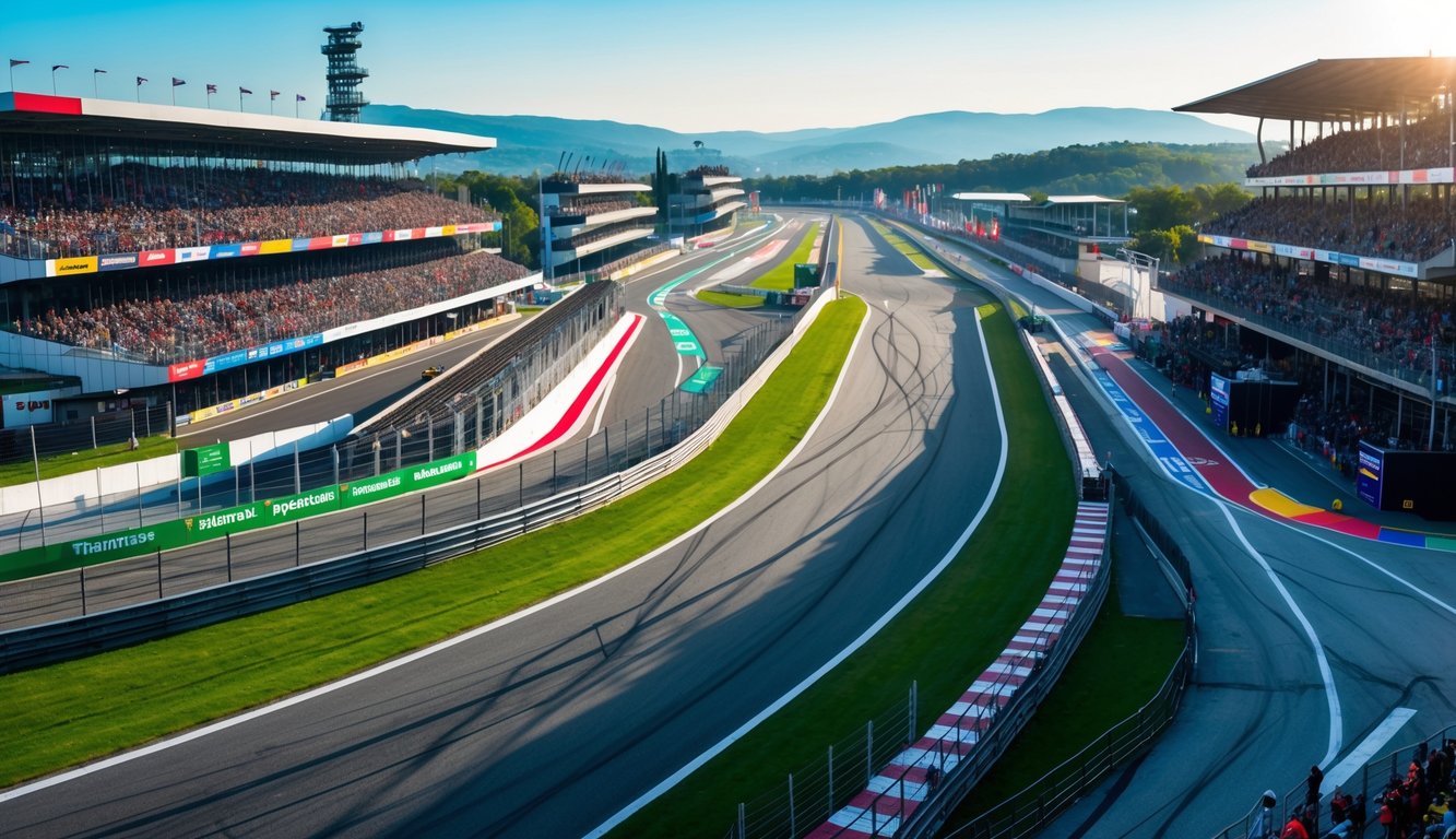 Pemandangan sirkuit balap Formula 1 dengan lintasan, tribun penonton, dan fasilitas balapan di siang hari.