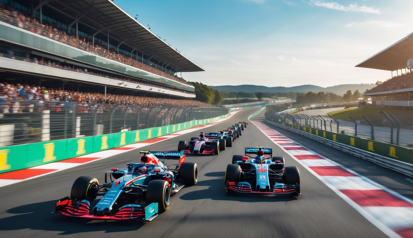 Beberapa mobil Formula 1 sedang melaju cepat di sirkuit balap dengan penonton di tribun dan pemandangan lintasan yang jelas.