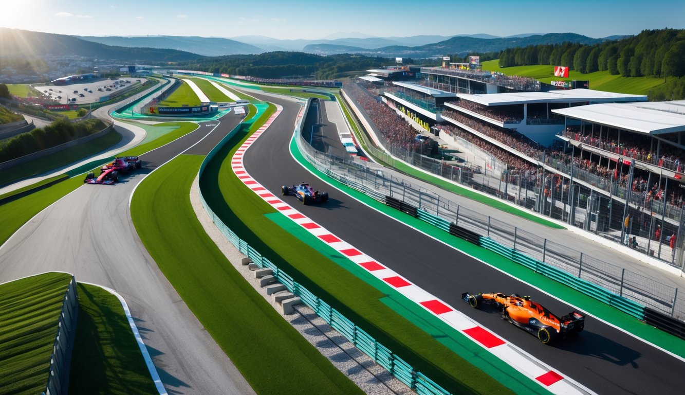 Pemandangan udara sirkuit balap Formula 1 yang menampilkan mobil F1 melaju di lintasan dengan tikungan tajam dan tribun penonton yang penuh.