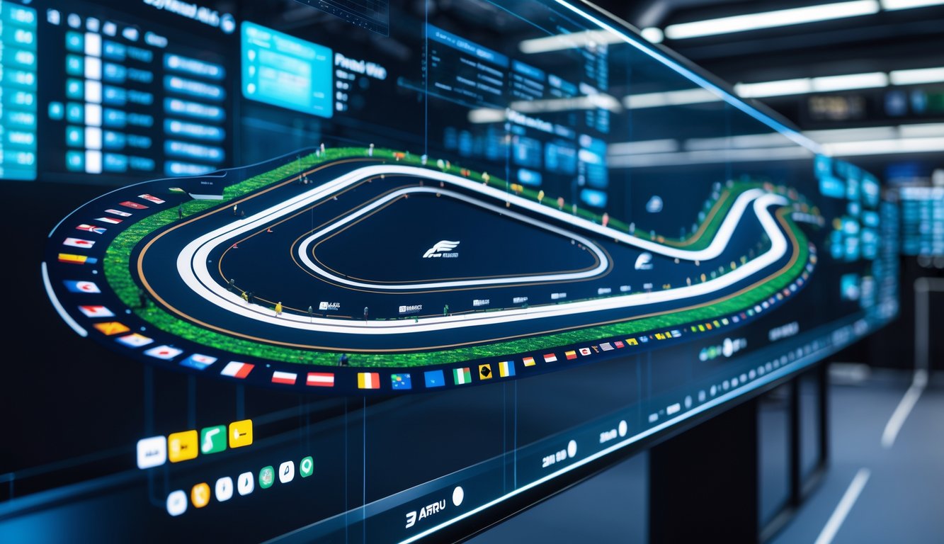 Peta sirkuit balap Formula 1 dengan ikon bendera negara dan tanggal balapan di layar digital di dalam ruang kontrol balap.